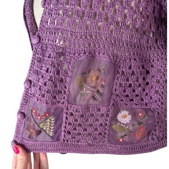 Purple Knit Handmade Gardencore Grannycore Unique Flower Patch Sweater - Picture 8 of 11